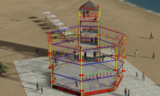 Multi activity tower climbing wall and rope challenges