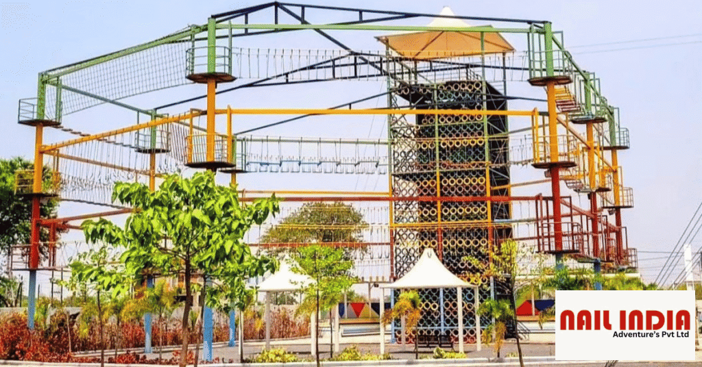 Multi activity tower in Kullu adventure park with zipline rope course and climbing activities