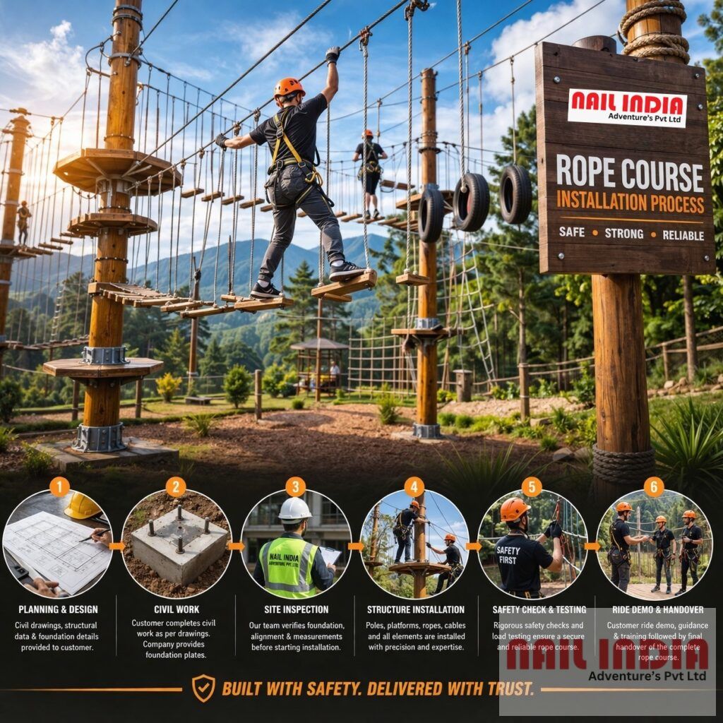 rope course installation process showing step by step setup
