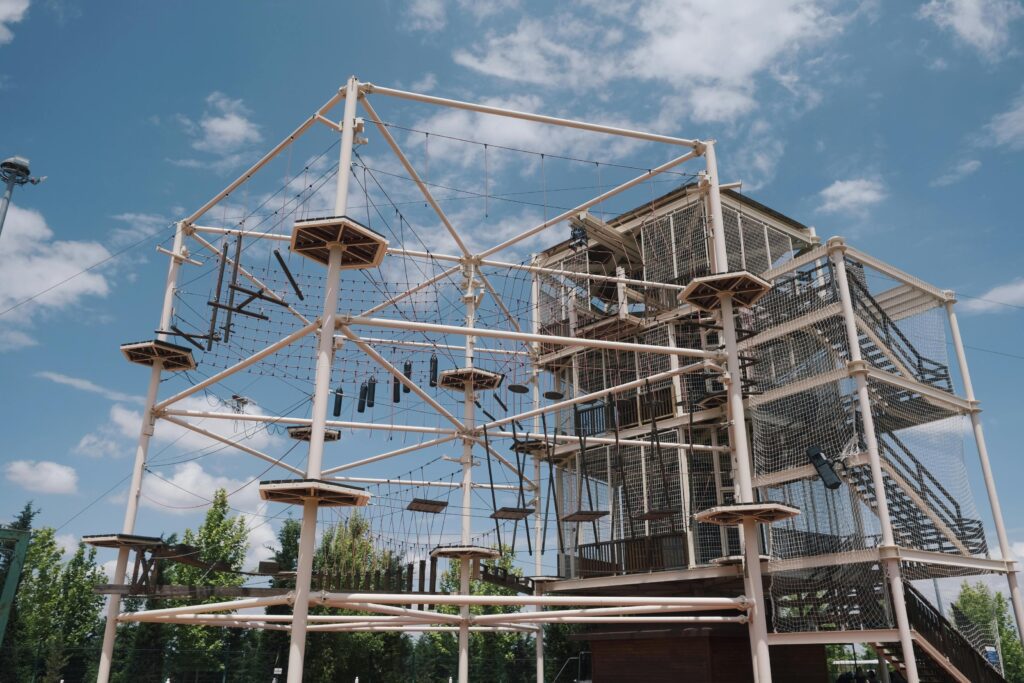 Adventure park setup in Jodhpur with zipline, rope course and climbing activities