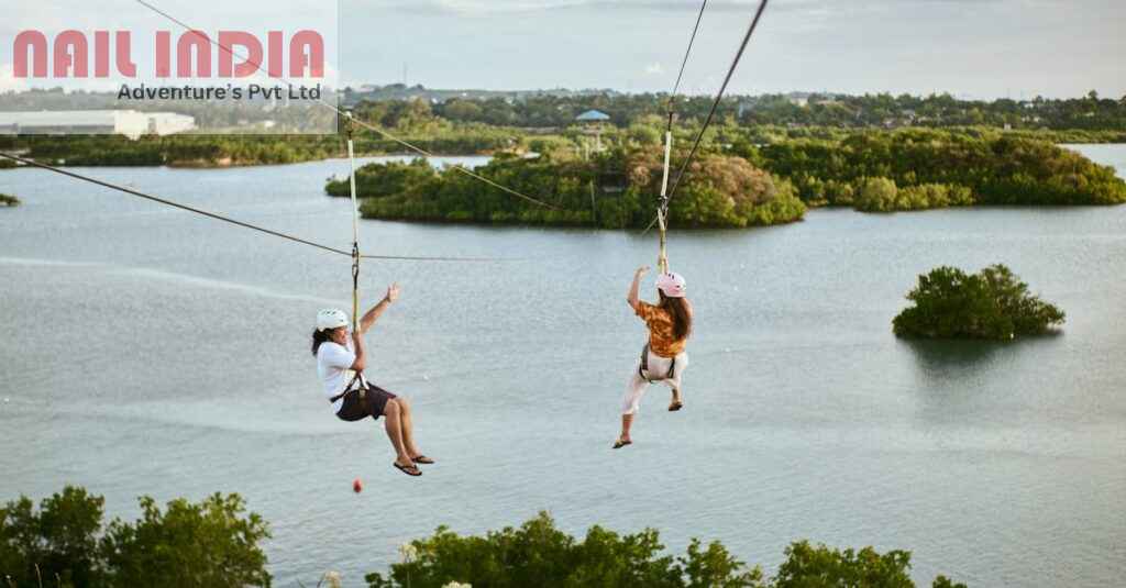 Adventure park setup in Surat with zipline rope course, and climbing wall by Nail India Adventure
