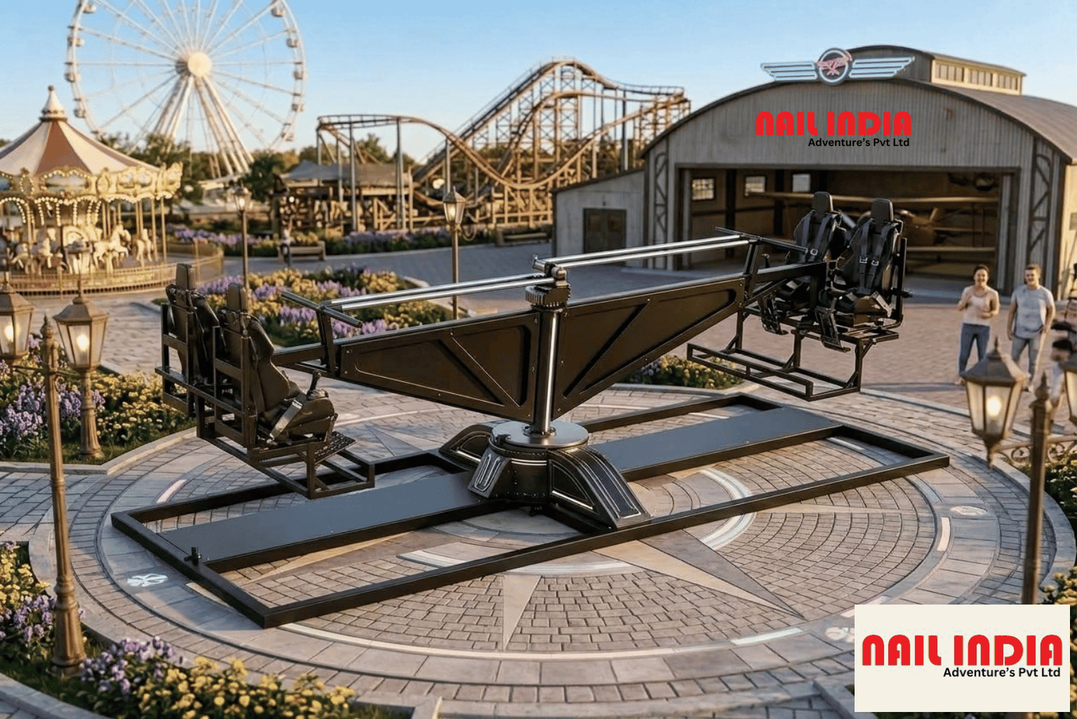 Wizzer Ride installed on a circular platform in an amusement park.