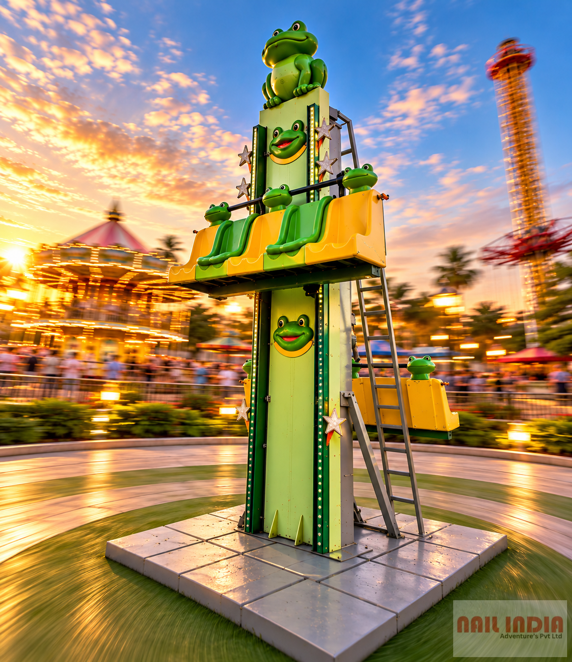 Mild steel structural tower for a vertical Frog Jump amusement ride